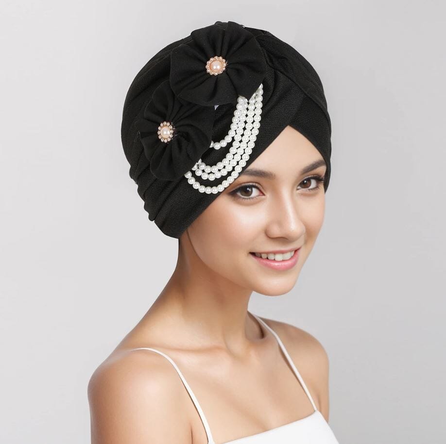 Women Pearls Beading Flower Head Wrap Turban Head wear Hat jehouze Black