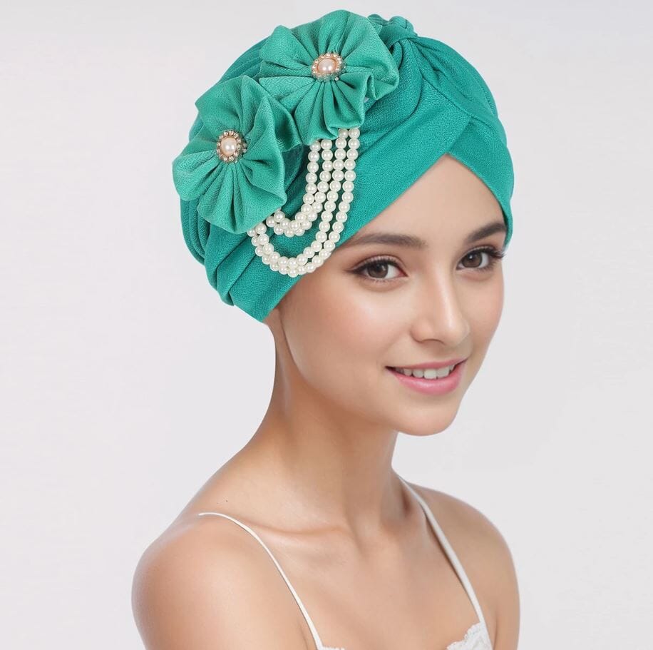 Women Pearls Beading Flower Head Wrap Turban Head wear Hat jehouze Cyan