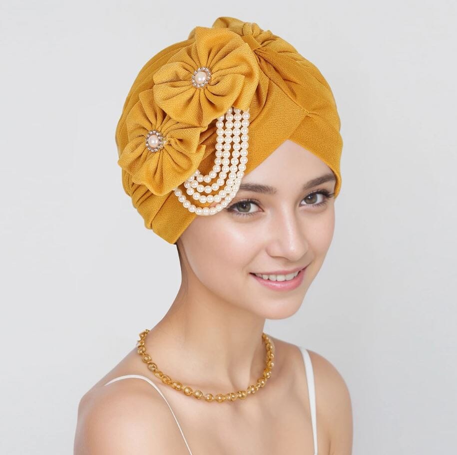 Women Pearls Beading Flower Head Wrap Turban Head wear Hat jehouze Ginger Yellow