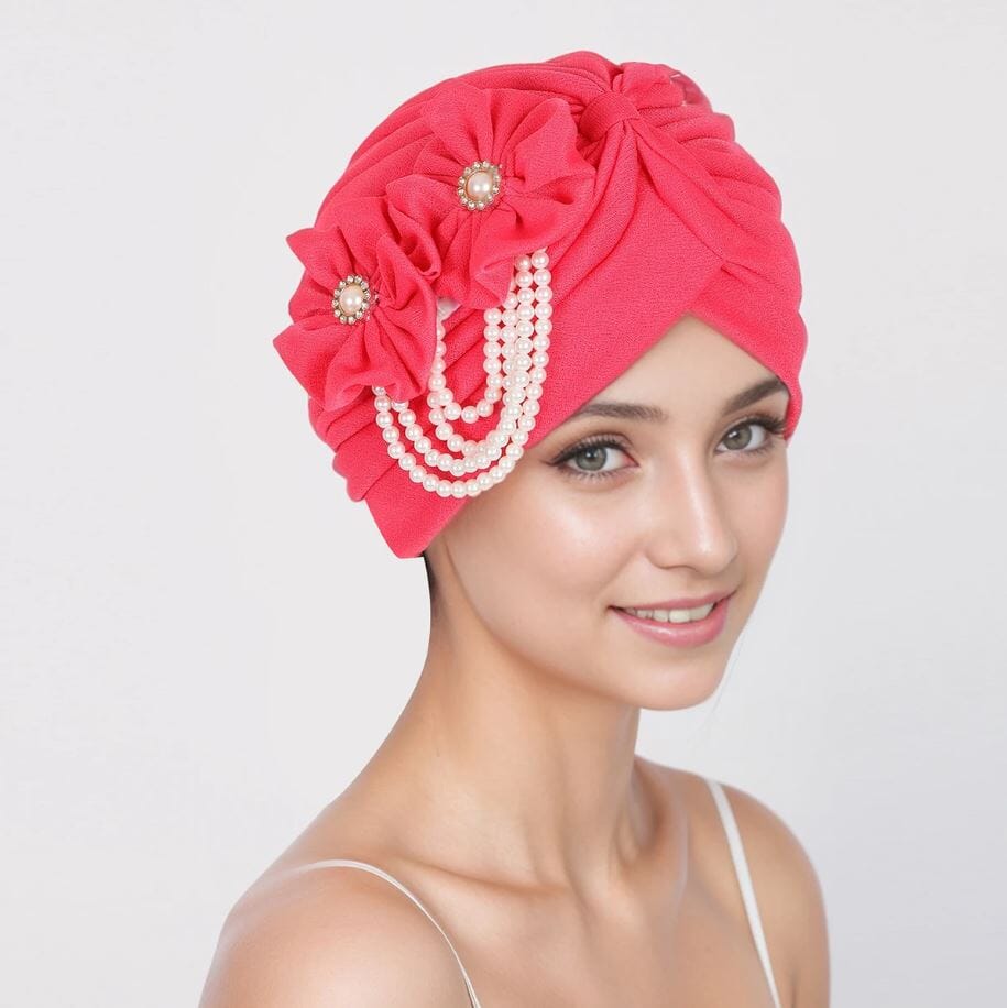 Women Pearls Beading Flower Head Wrap Turban Head wear Hat jehouze Rose Red