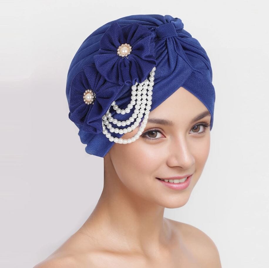 Women Pearls Beading Flower Head Wrap Turban Head wear Hat jehouze Royal Blue