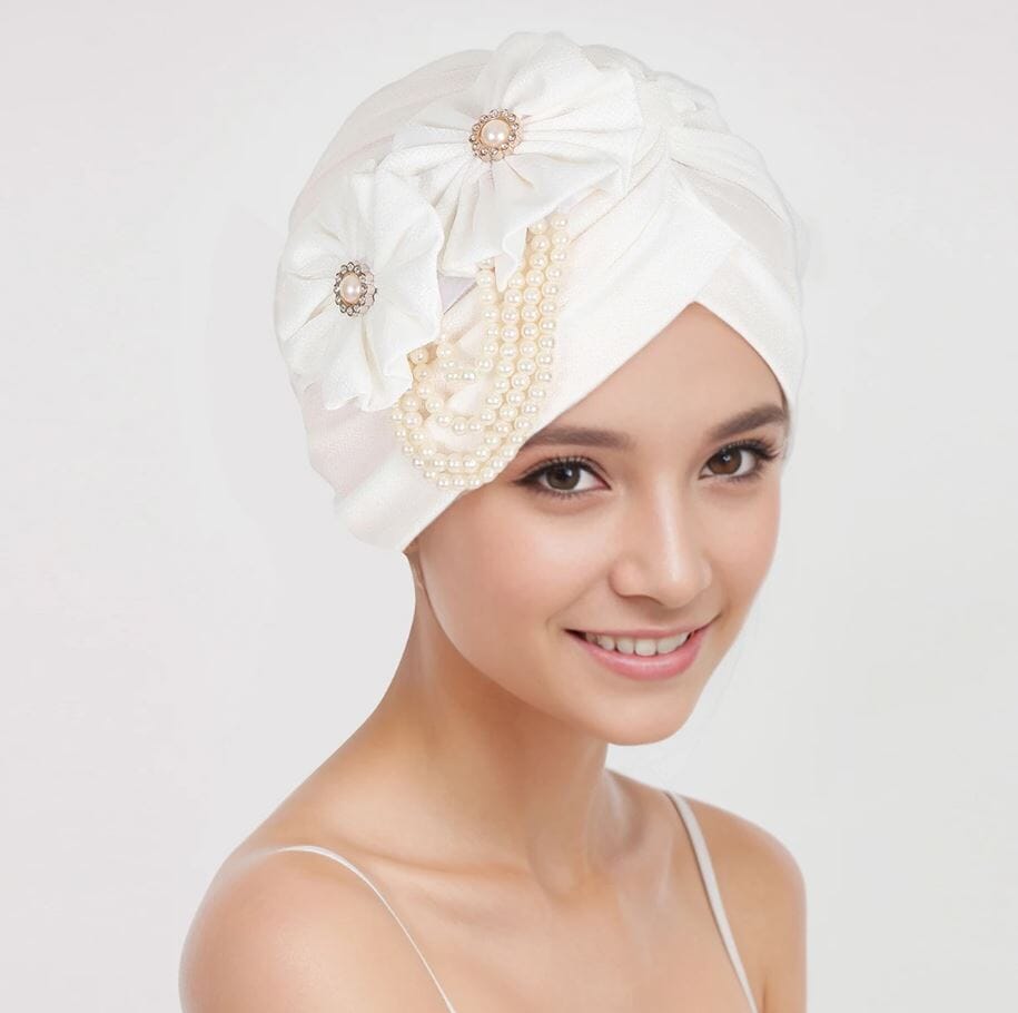 Women Pearls Beading Flower Head Wrap Turban Head wear Hat jehouze White