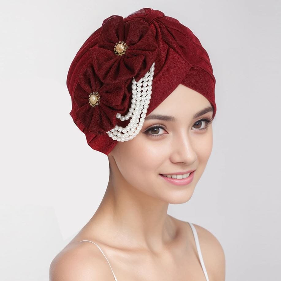 Women Pearls Beading Flower Head Wrap Turban Head wear Hat jehouze Wine Red