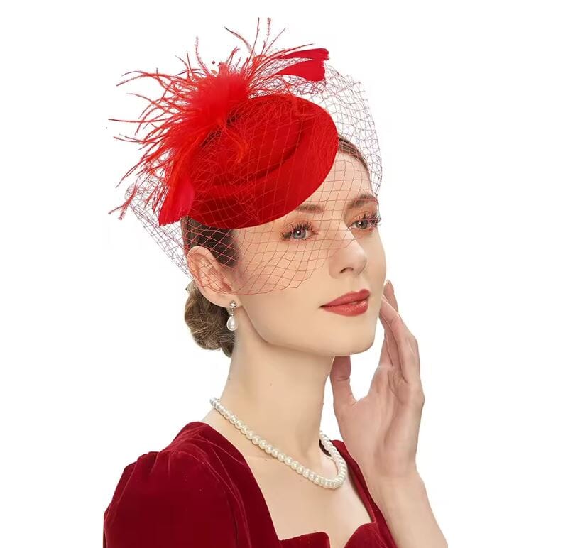 Women Pillbox Hat Polka Dot Feather Fascinators Tea Party Bridal Wedding Halloween Headband Hat jehouze Red