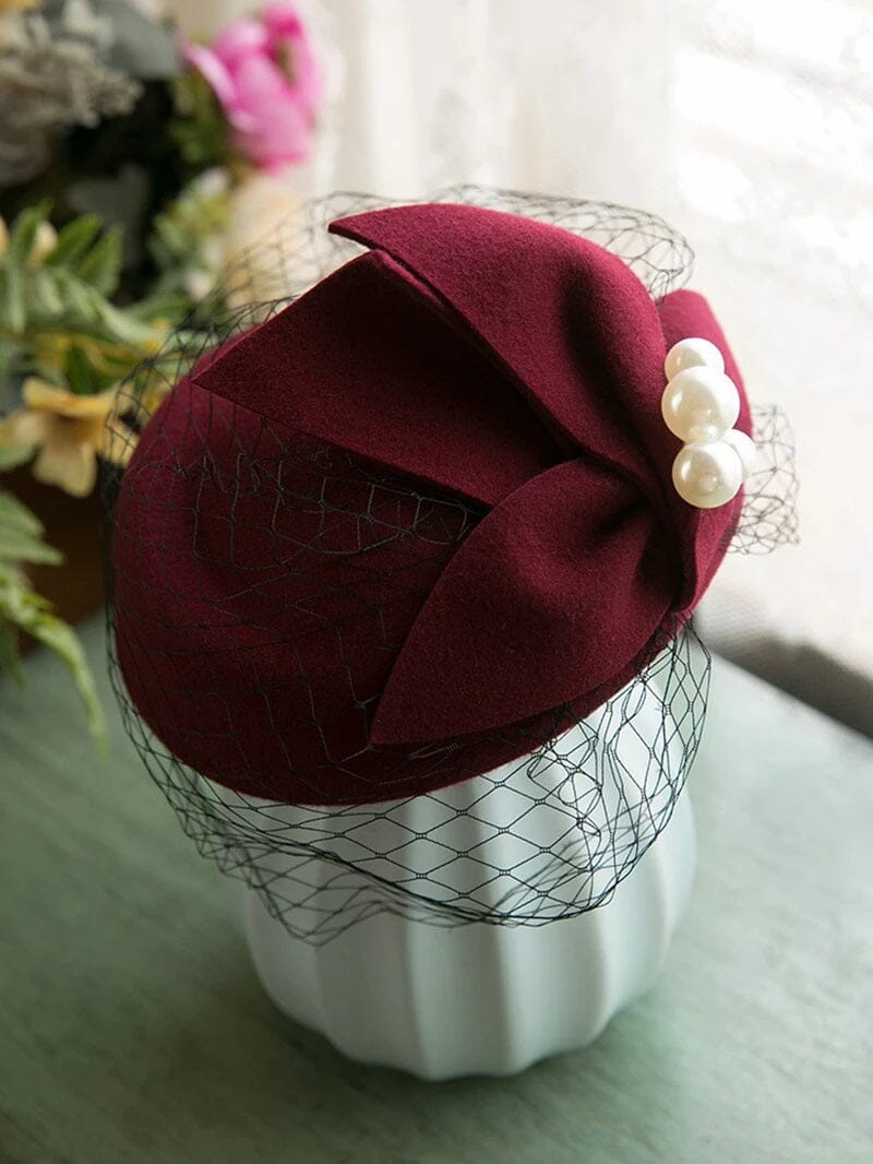 Women Pillbox Veil Wedding Church Cocktail Fedora Party Fascinator Hat Hat jehouze wine red