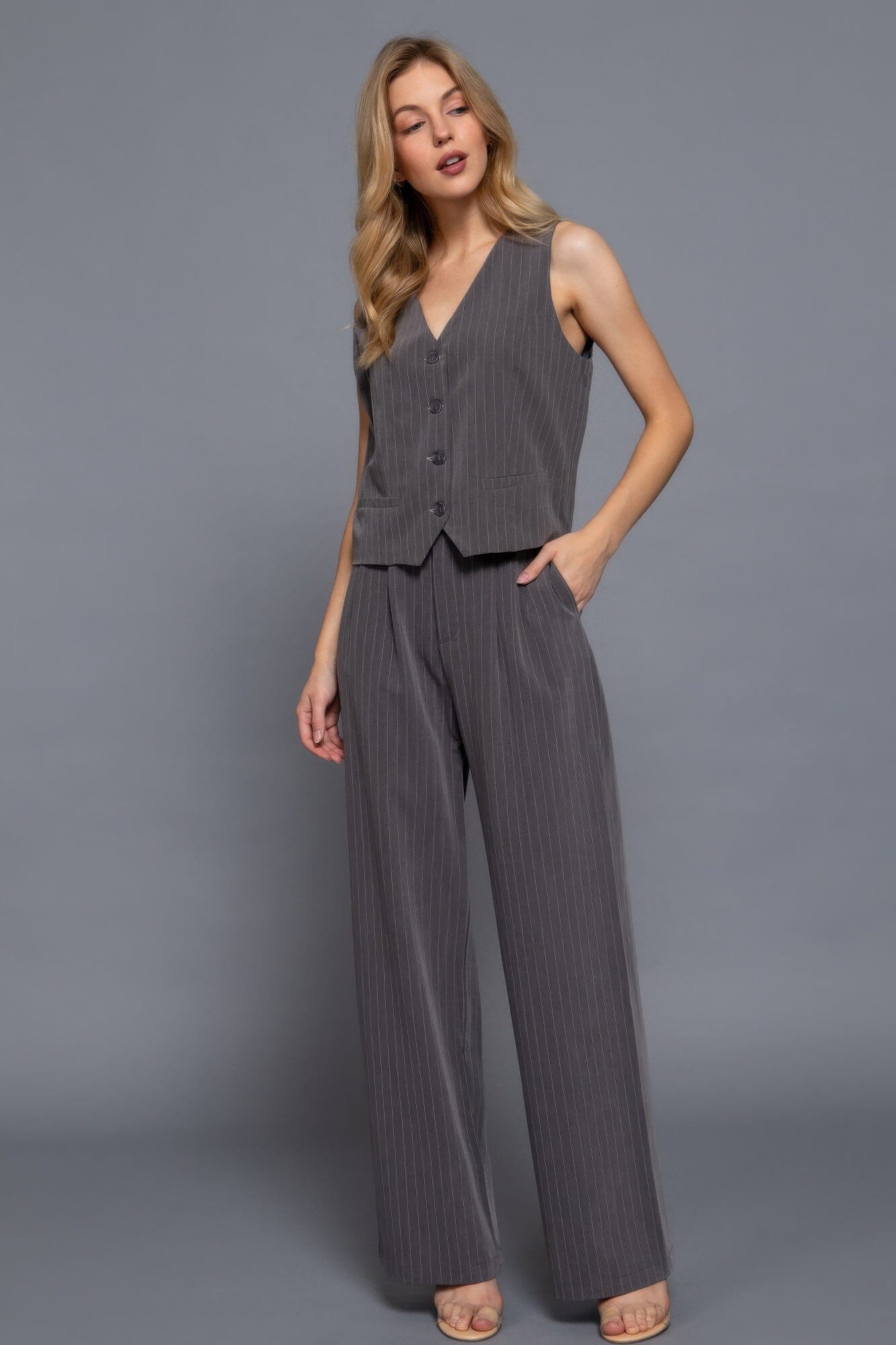 Women Pin Stripe Woven Straight Pants Pants jehouze Grey/White S