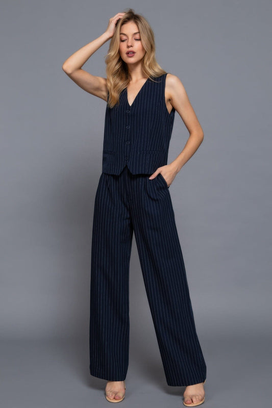 Women Pin Stripe Woven Straight Pants Pants jehouze Navy/White S