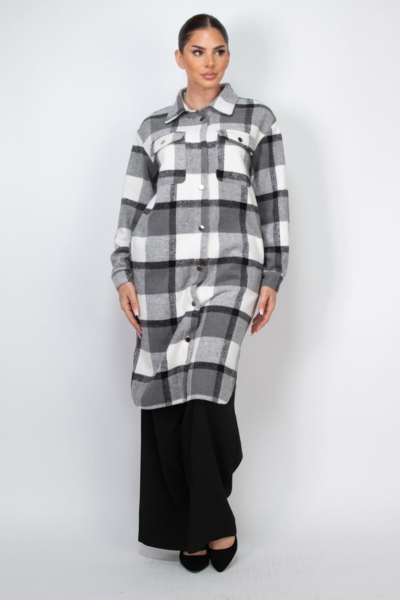 Women Plaid Buttoned Shacket Coat Outerwear jehouze