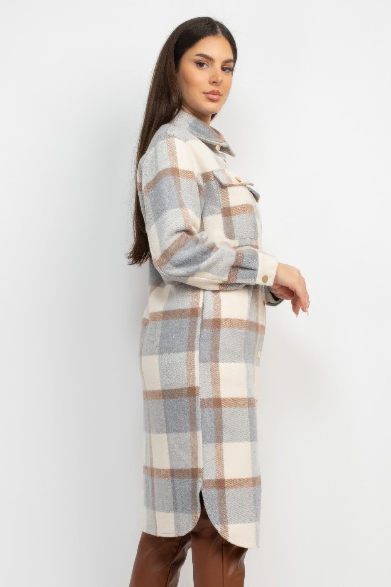 Women Plaid Buttoned Shacket Coat Outerwear jehouze