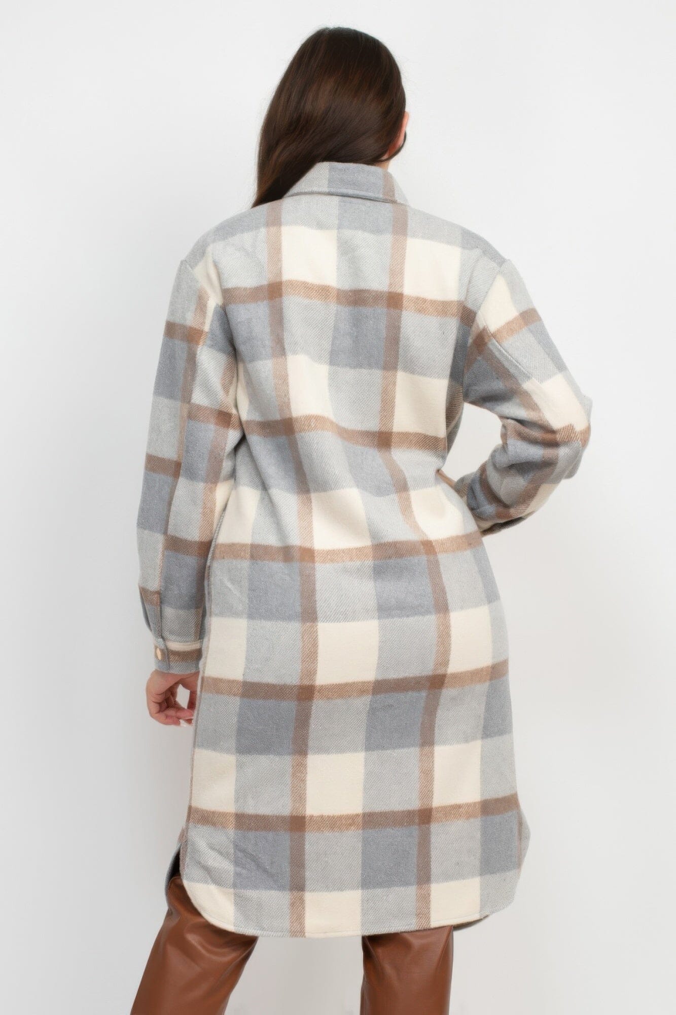 Women Plaid Buttoned Shacket Coat Outerwear jehouze