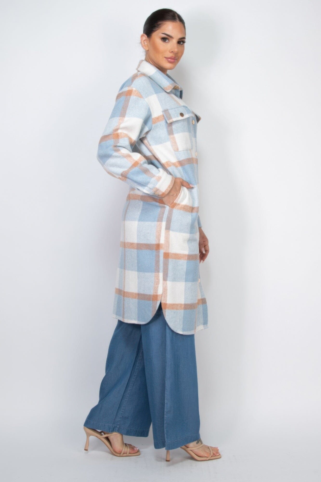 Women Plaid Buttoned Shacket Coat Outerwear jehouze