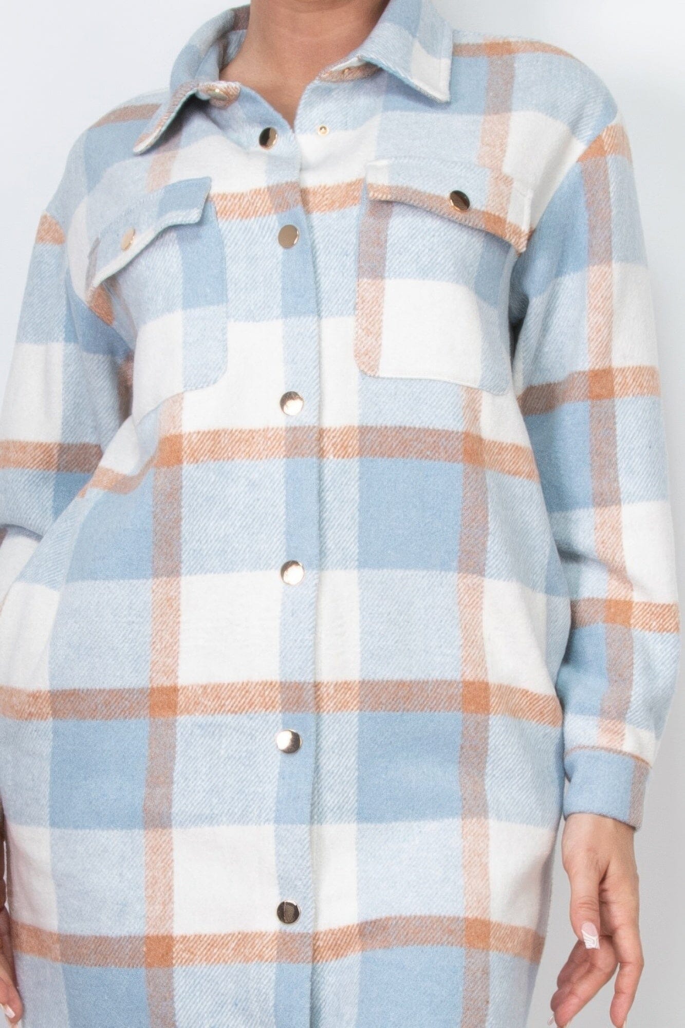 Women Plaid Buttoned Shacket Coat Outerwear jehouze