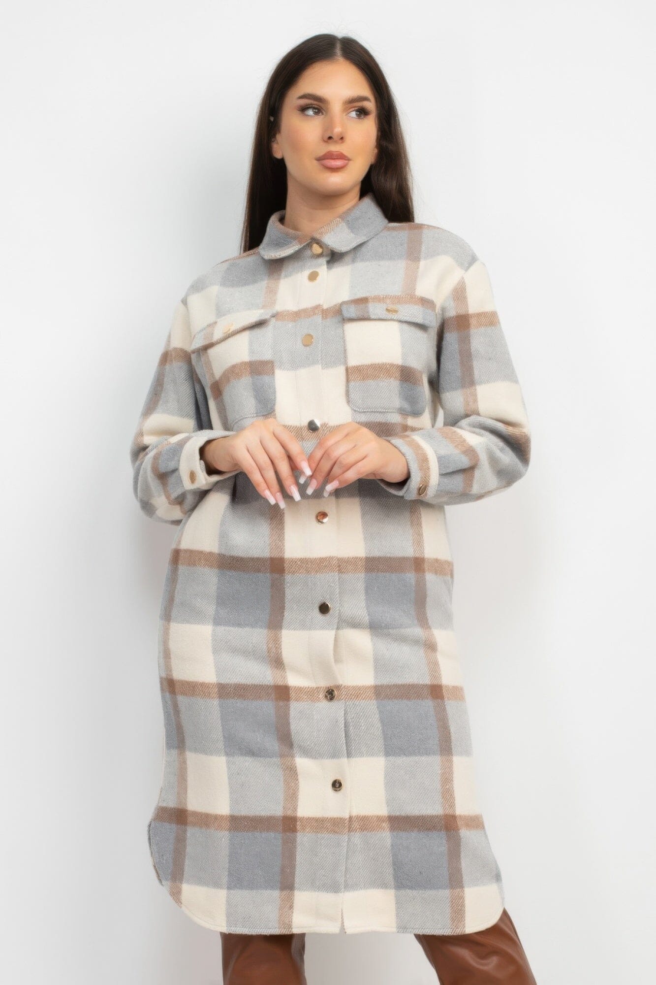 Women Plaid Buttoned Shacket Coat Outerwear jehouze