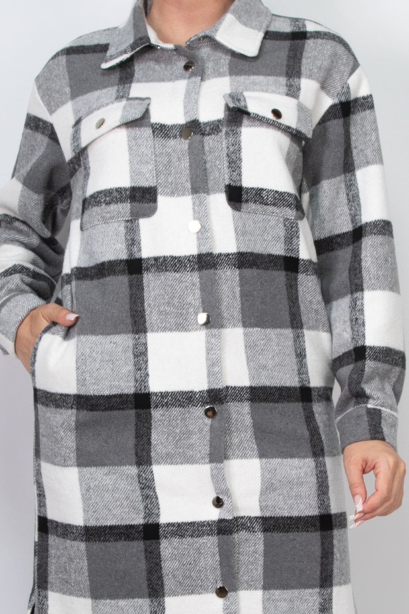 Women Plaid Buttoned Shacket Coat Outerwear jehouze