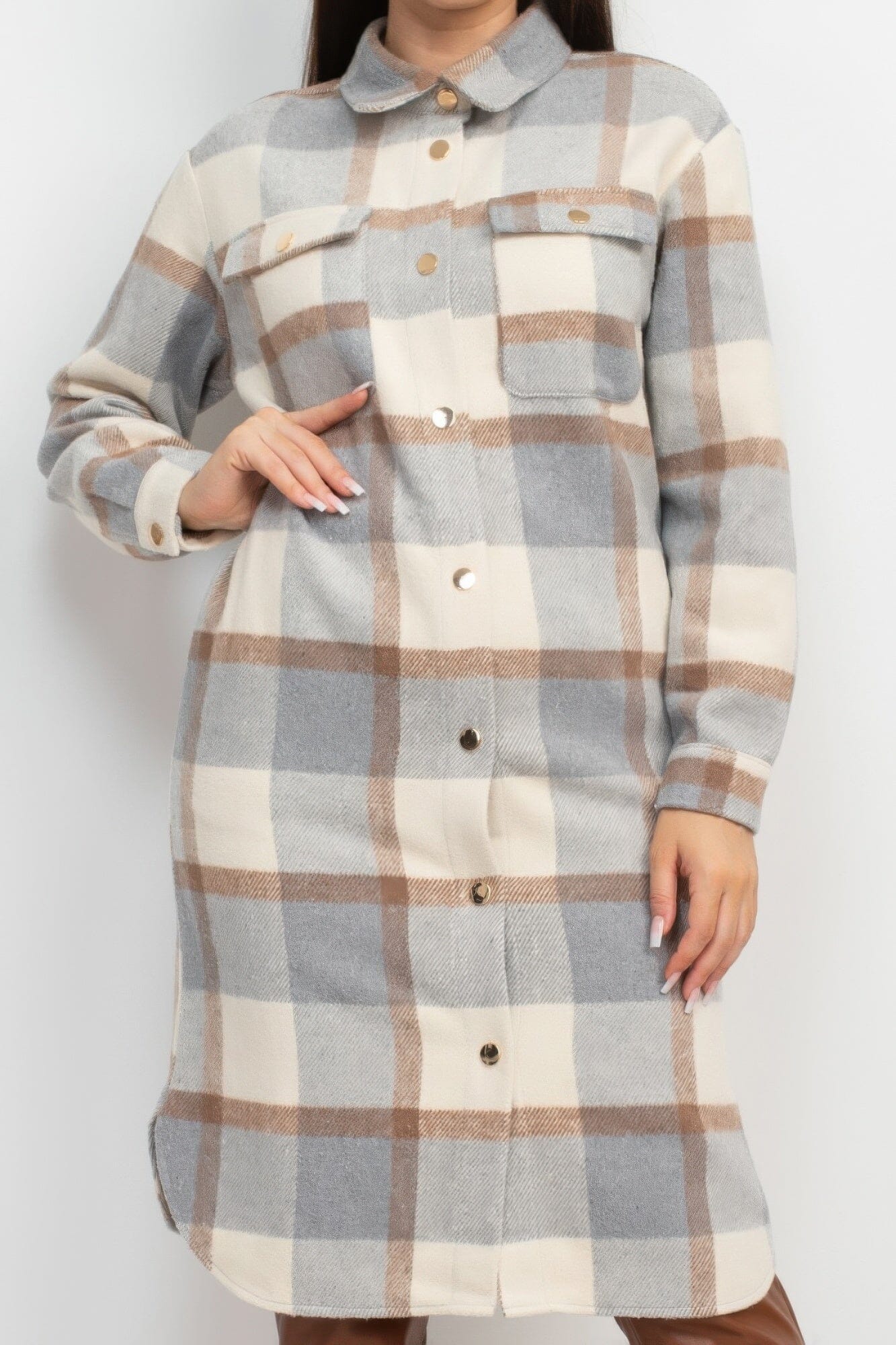 Women Plaid Buttoned Shacket Coat Outerwear jehouze