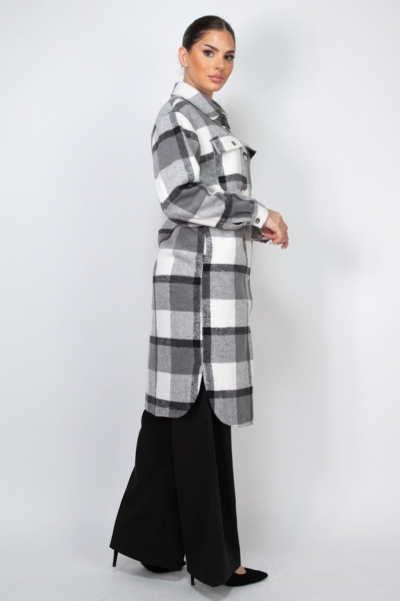 Women Plaid Buttoned Shacket Coat Outerwear jehouze