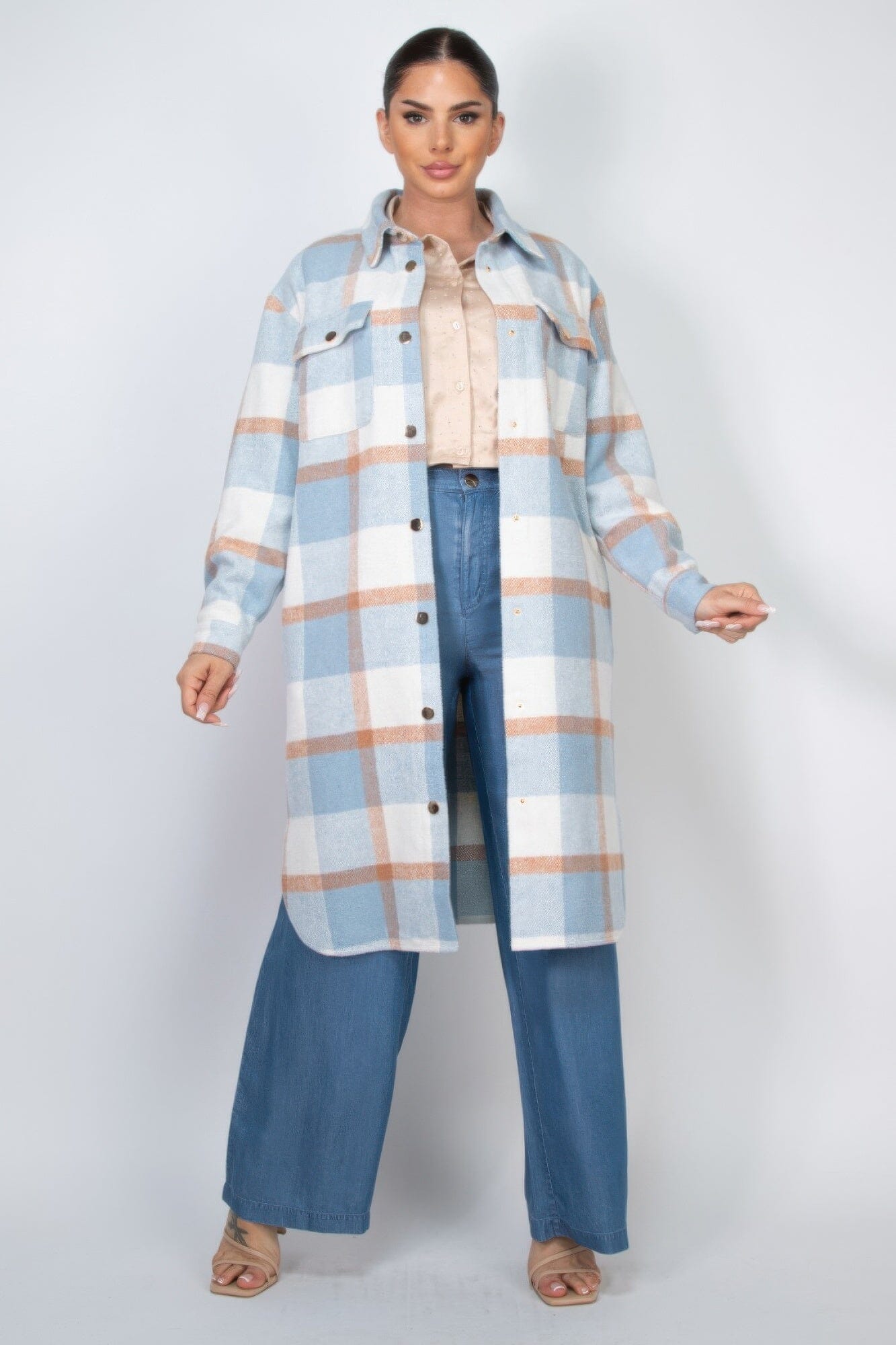 Women Plaid Buttoned Shacket Coat Outerwear jehouze