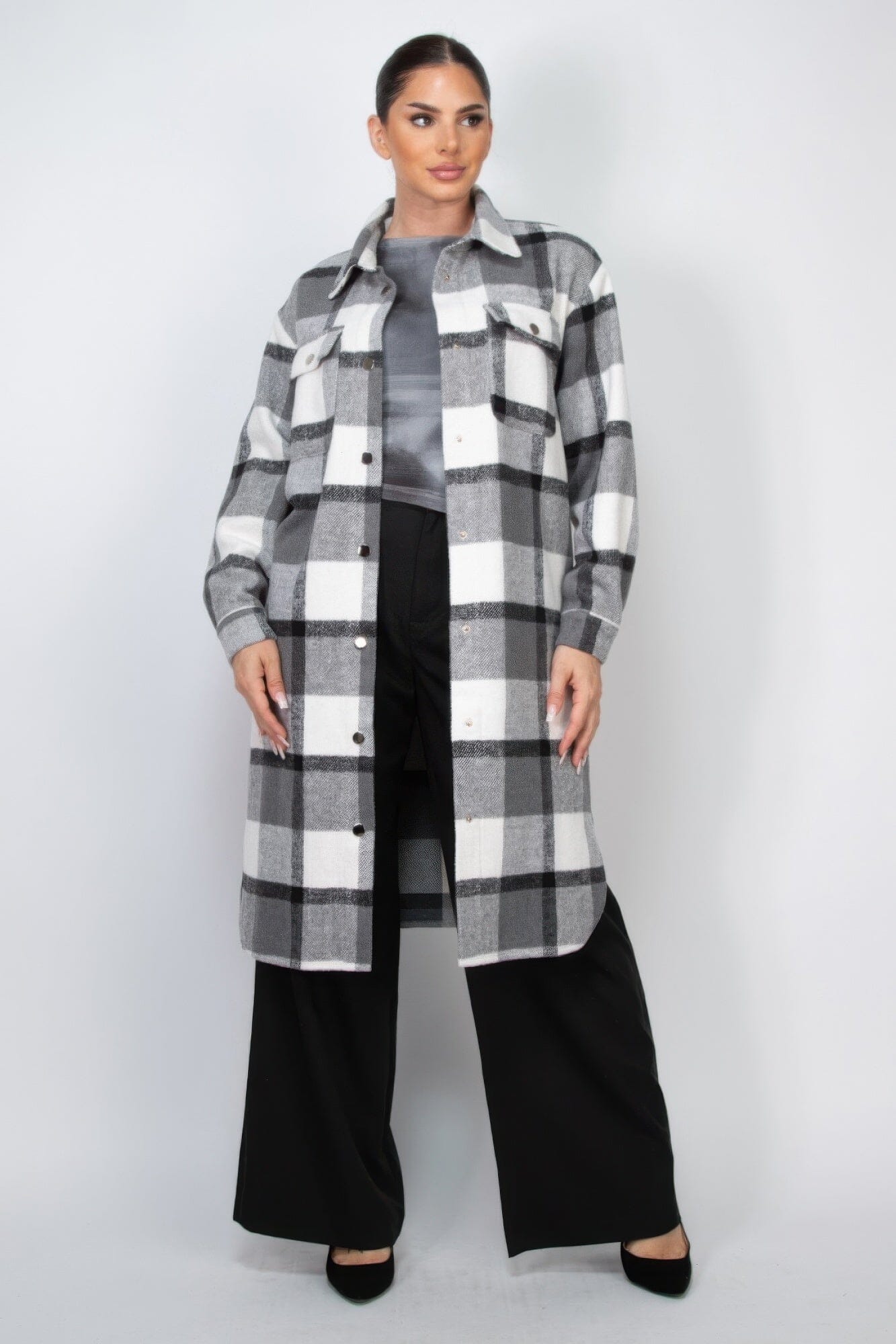 Women Plaid Buttoned Shacket Coat Outerwear jehouze Black S