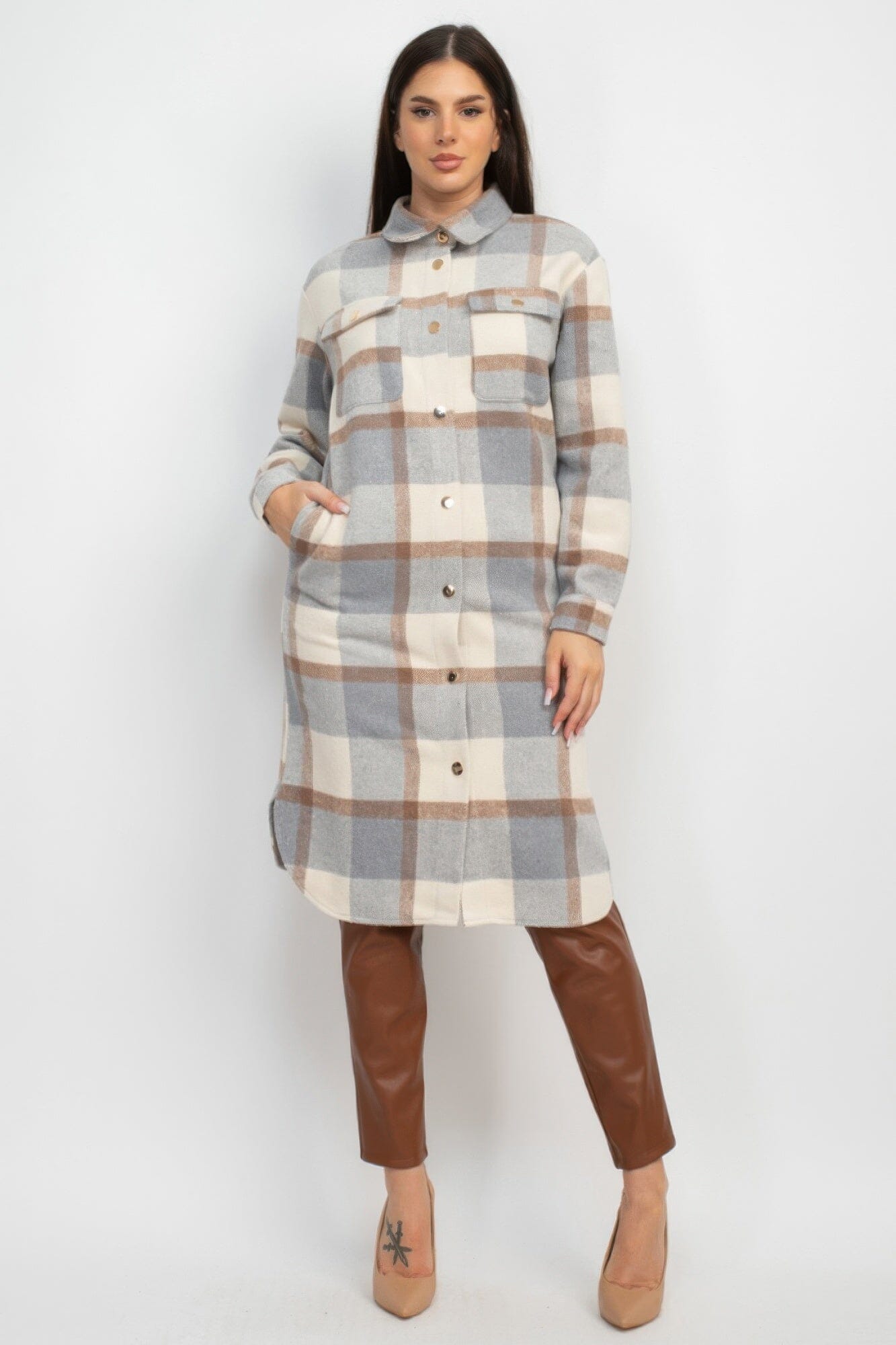 Women Plaid Buttoned Shacket Coat Outerwear jehouze Cream/Grey S