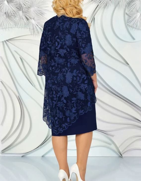 Women Plus Size 2 pcs Embroidery Floral Elegant Midi Dress Dresses jehouze