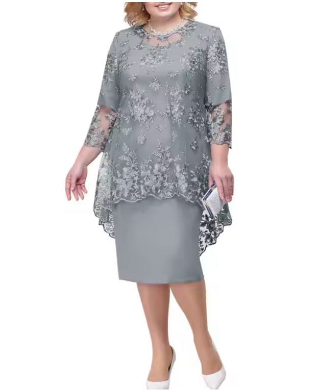 Women Plus Size 2 pcs Embroidery Floral Elegant Midi Dress Dresses jehouze Gray L