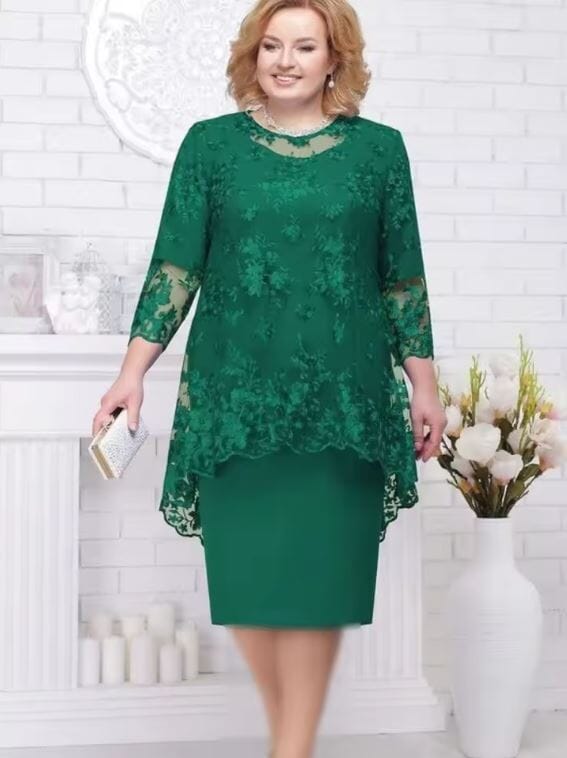 Women Plus Size 2 pcs Embroidery Floral Elegant Midi Dress Dresses jehouze Green L