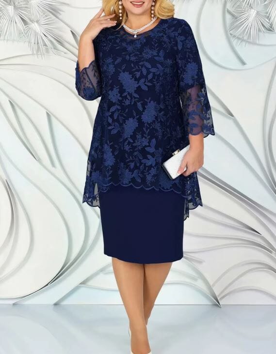 Women Plus Size 2 pcs Embroidery Floral Elegant Midi Dress Dresses jehouze Navy Blue L
