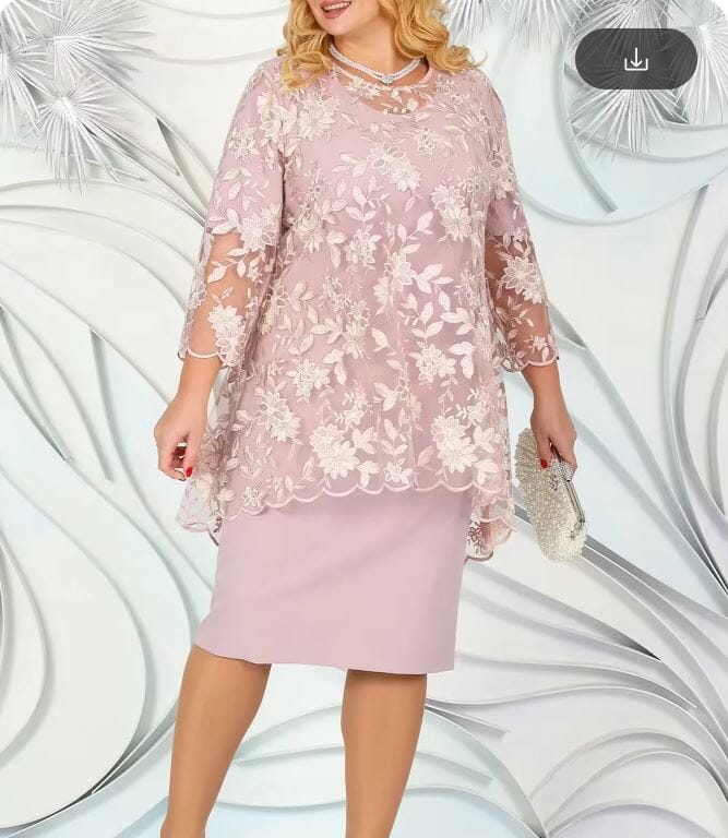 Women Plus Size 2 pcs Embroidery Floral Elegant Midi Dress Dresses jehouze Pink L