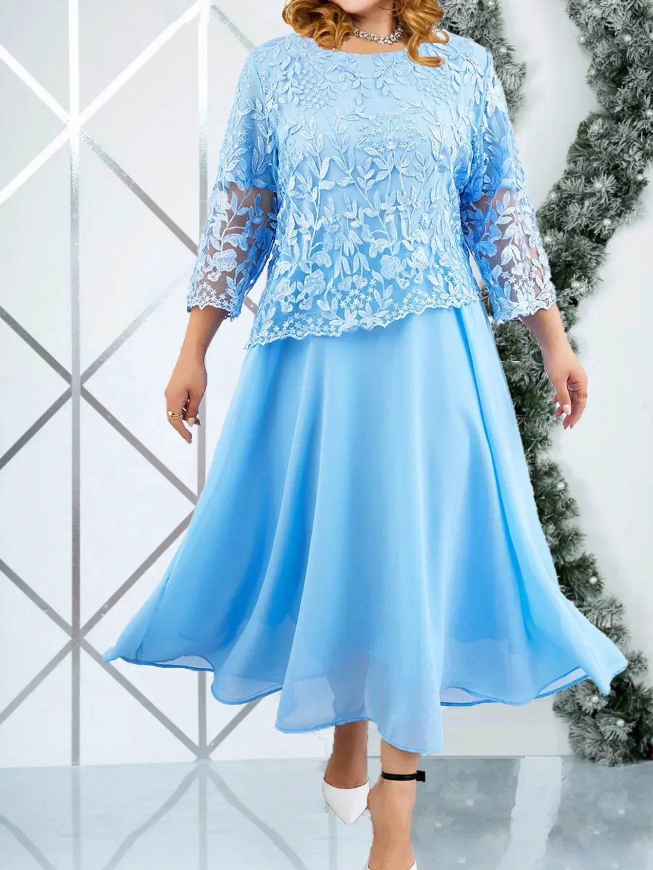 Women Plus Size 3/4 Sleeve Embroidery Floral Formal Wedding Party Long Dress Dresses jehouze Sky Blue L