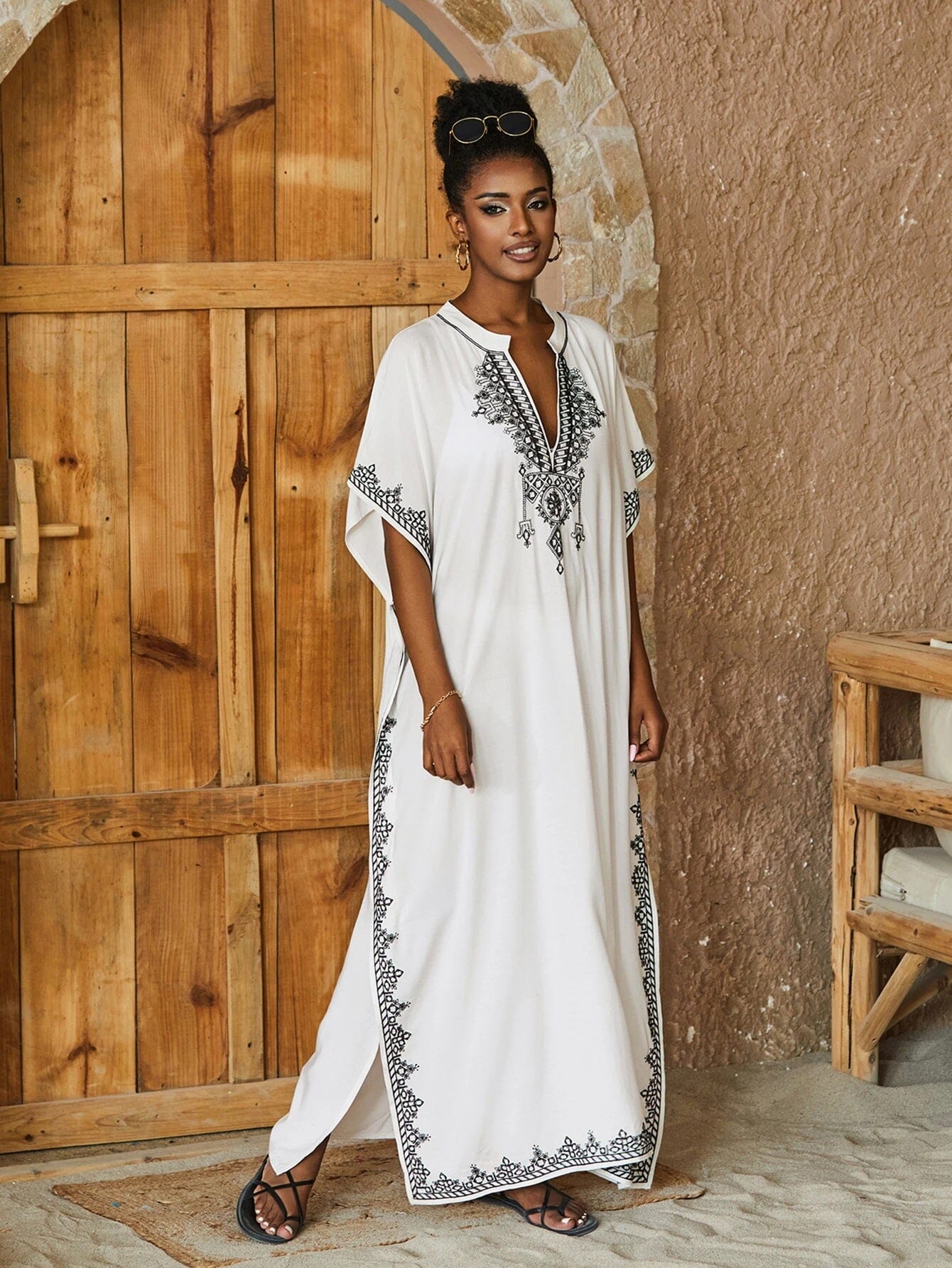 Women Plus Size Bohemian Embroidery V Neck Swimwear Cover Up Kraftan Dress Dresses jehouze