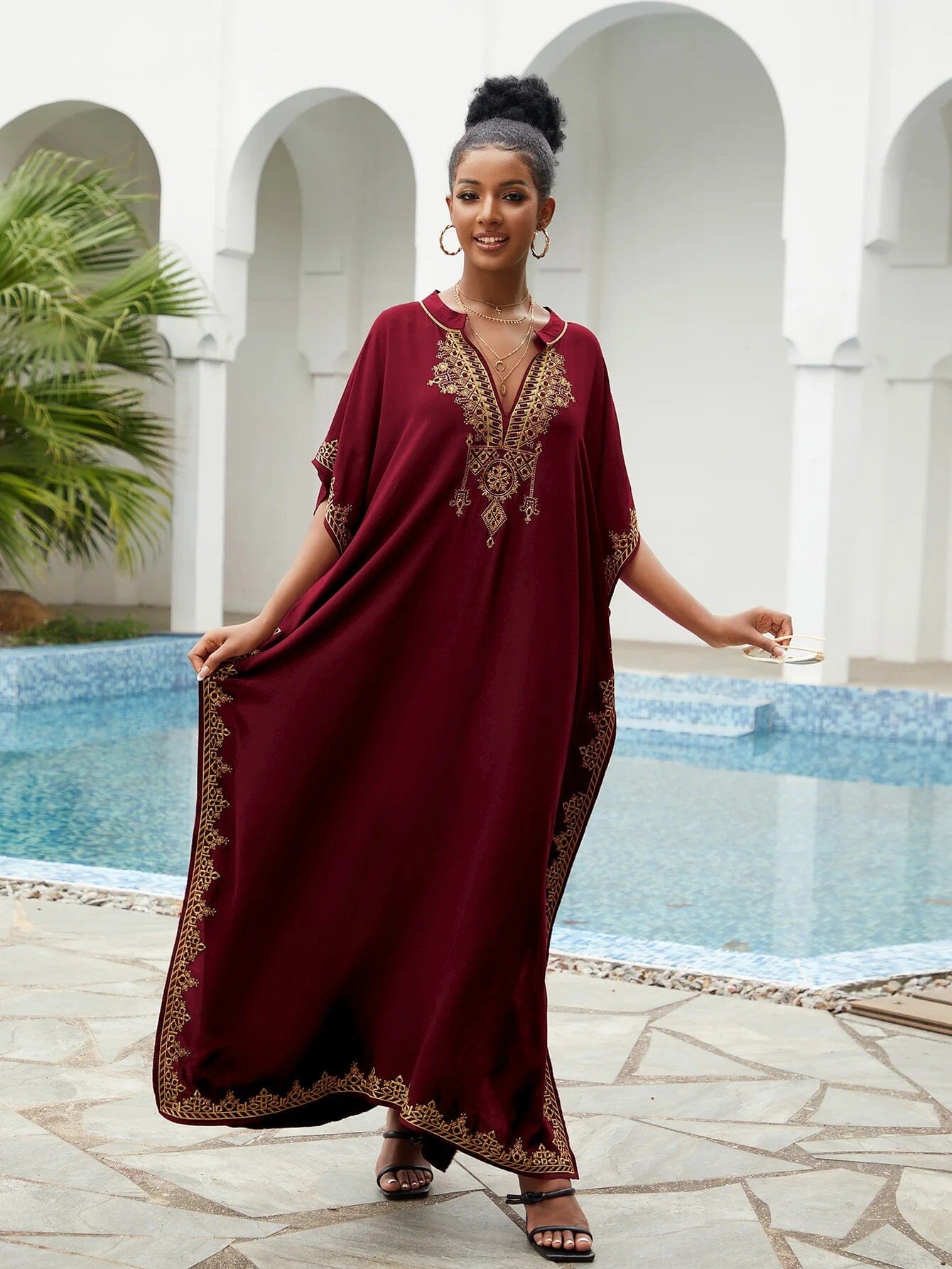 Women Plus Size Bohemian Embroidery V Neck Swimwear Cover Up Kraftan Dress Dresses jehouze