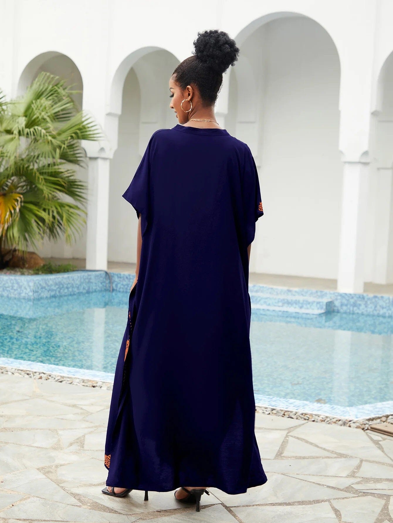 Women Plus Size Bohemian Embroidery V Neck Swimwear Cover Up Kraftan Dress Dresses jehouze