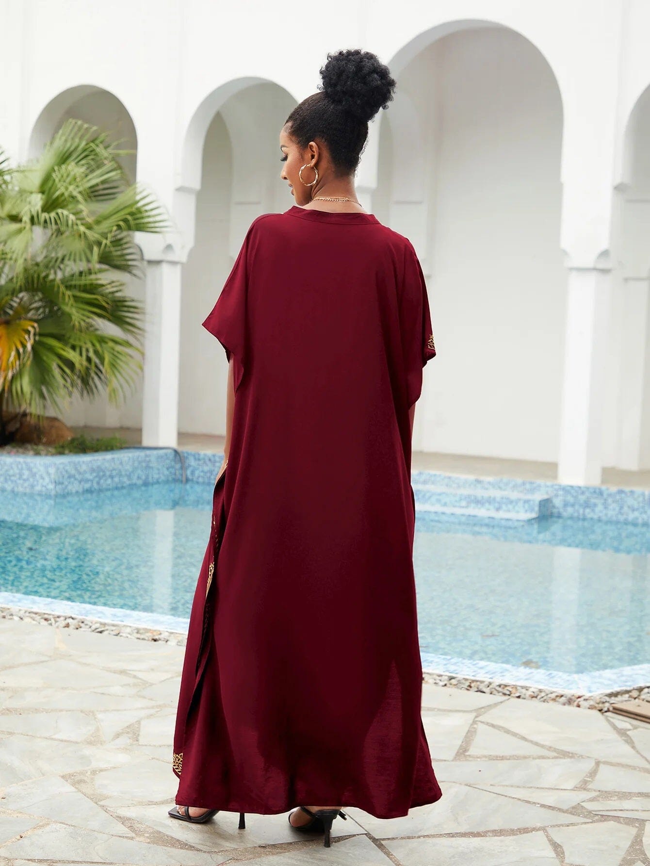 Women Plus Size Bohemian Embroidery V Neck Swimwear Cover Up Kraftan Dress Dresses jehouze