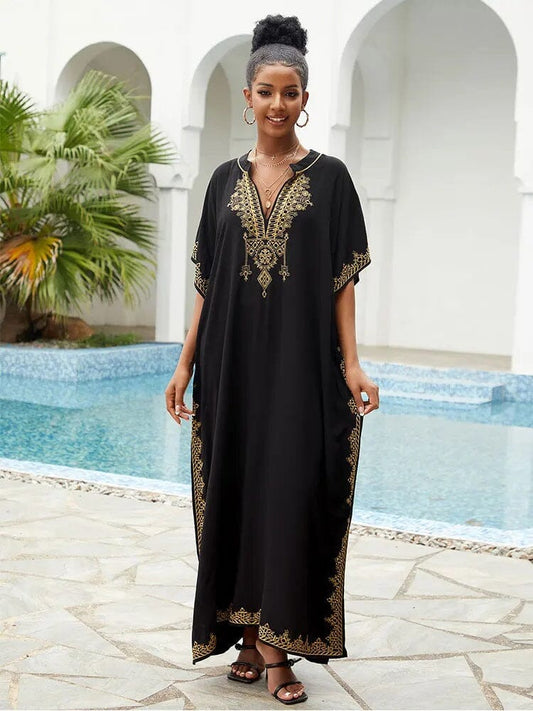 Women Plus Size Bohemian Embroidery V Neck Swimwear Cover Up Kraftan Dress Dresses jehouze