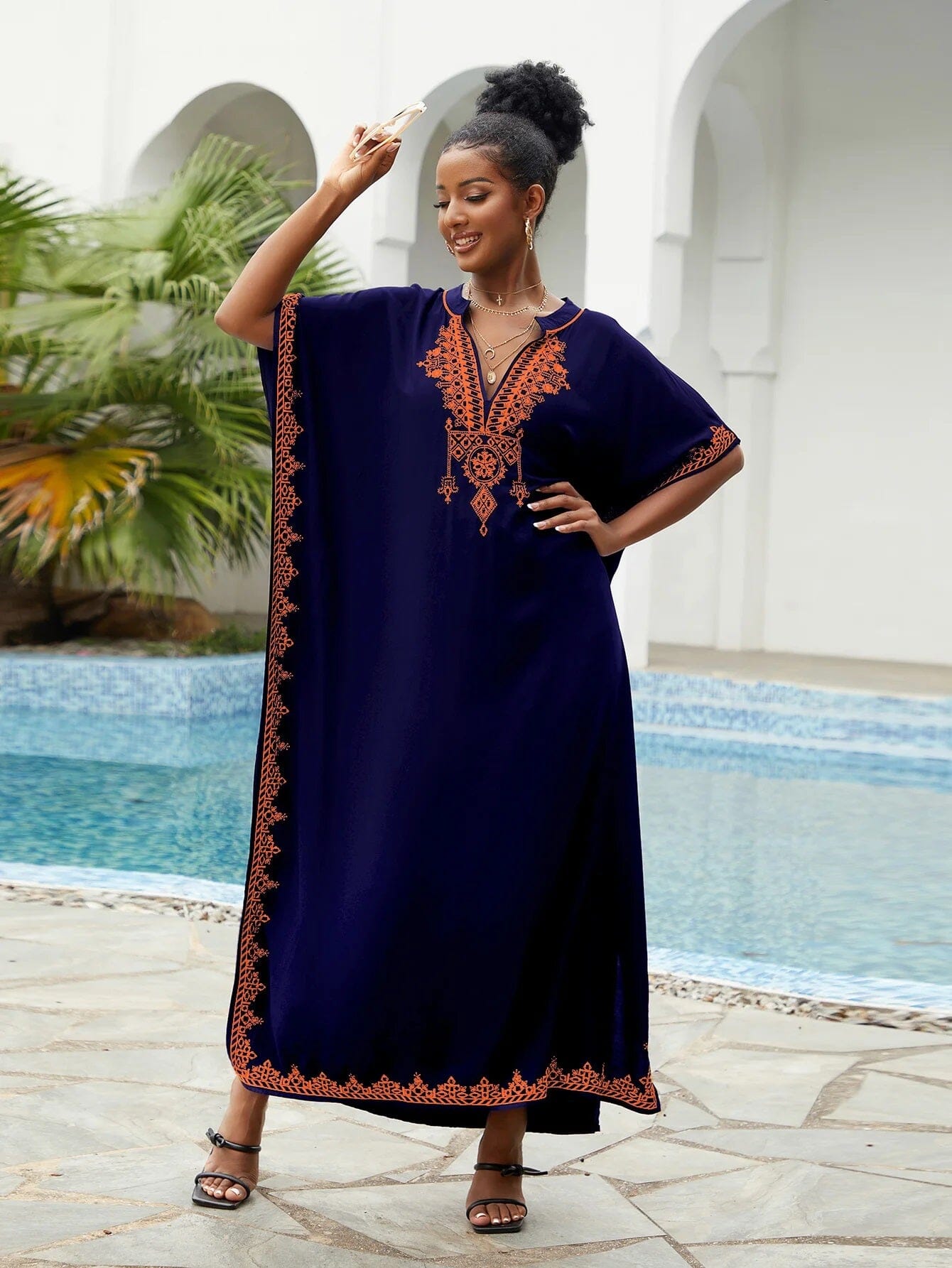 Women Plus Size Bohemian Embroidery V Neck Swimwear Cover Up Kraftan Dress Dresses jehouze