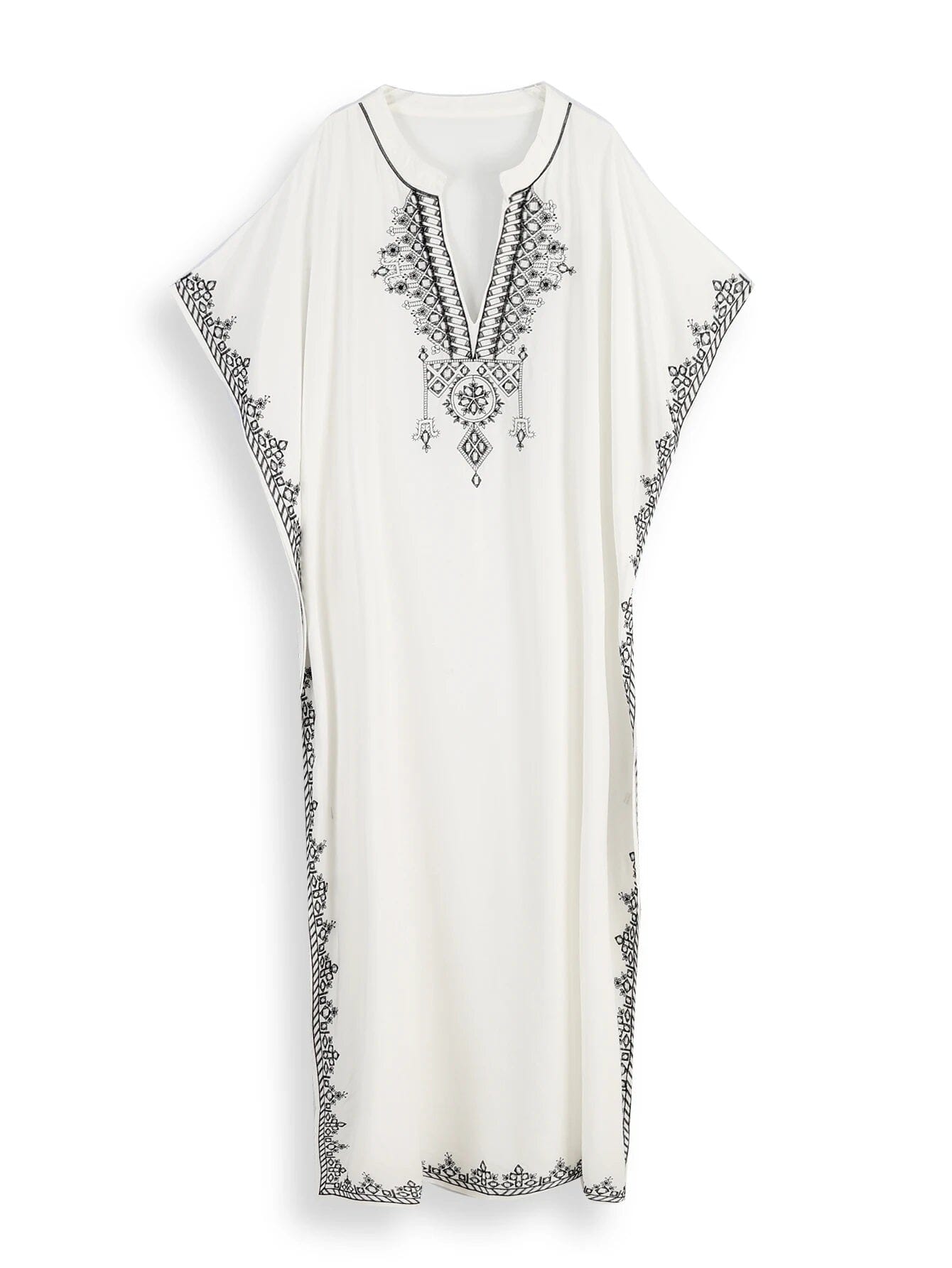 Women Plus Size Bohemian Embroidery V Neck Swimwear Cover Up Kraftan Dress Dresses jehouze