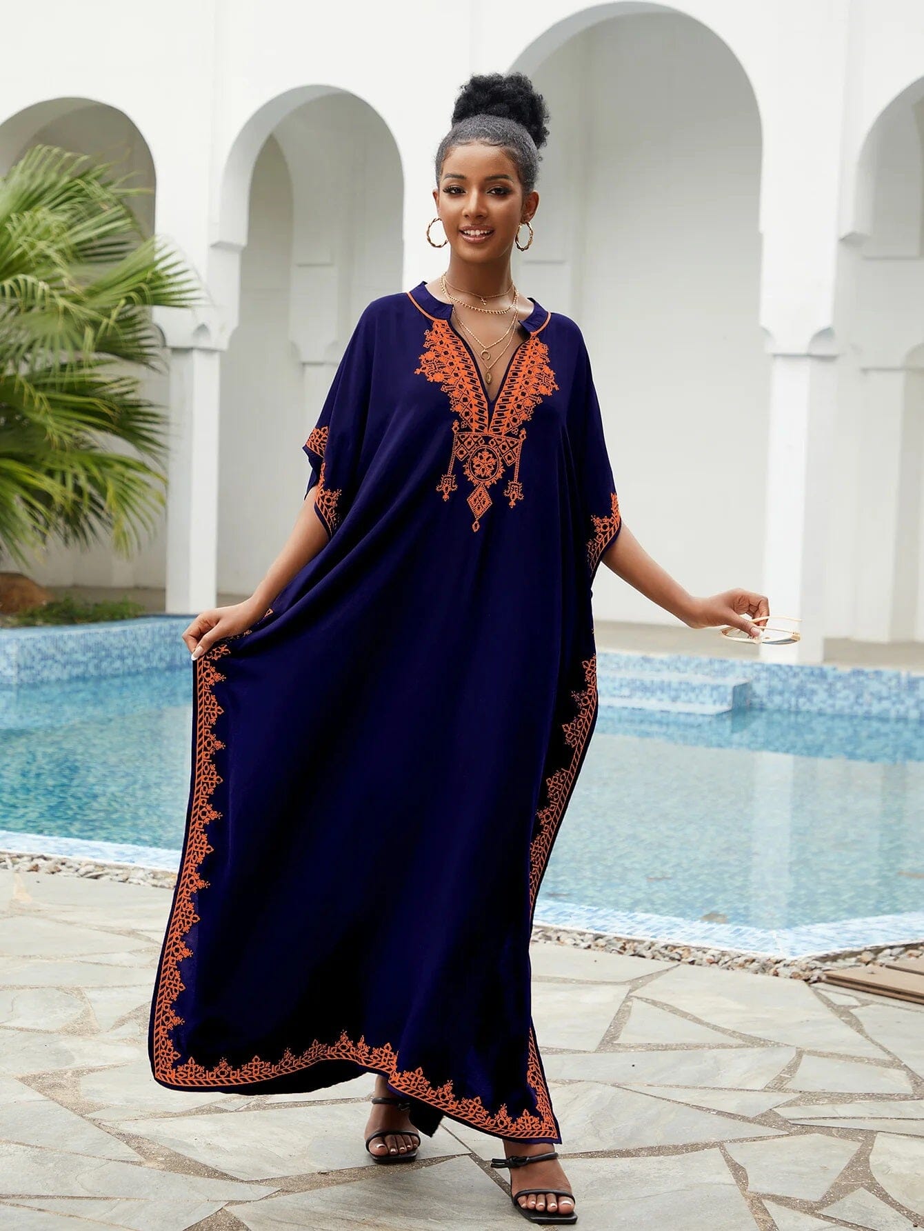Women Plus Size Bohemian Embroidery V Neck Swimwear Cover Up Kraftan Dress Dresses jehouze