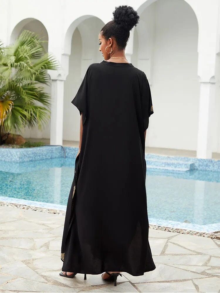 Women Plus Size Bohemian Embroidery V Neck Swimwear Cover Up Kraftan Dress Dresses jehouze