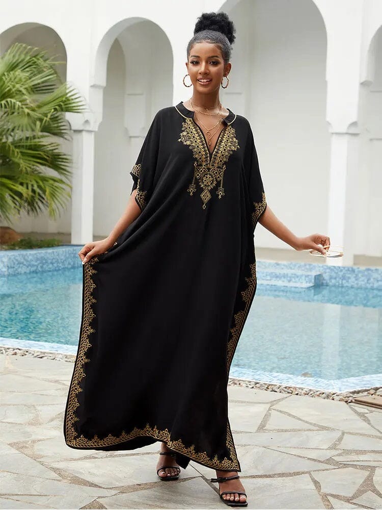 Women Plus Size Bohemian Embroidery V Neck Swimwear Cover Up Kraftan Dress Dresses jehouze Q1545-1