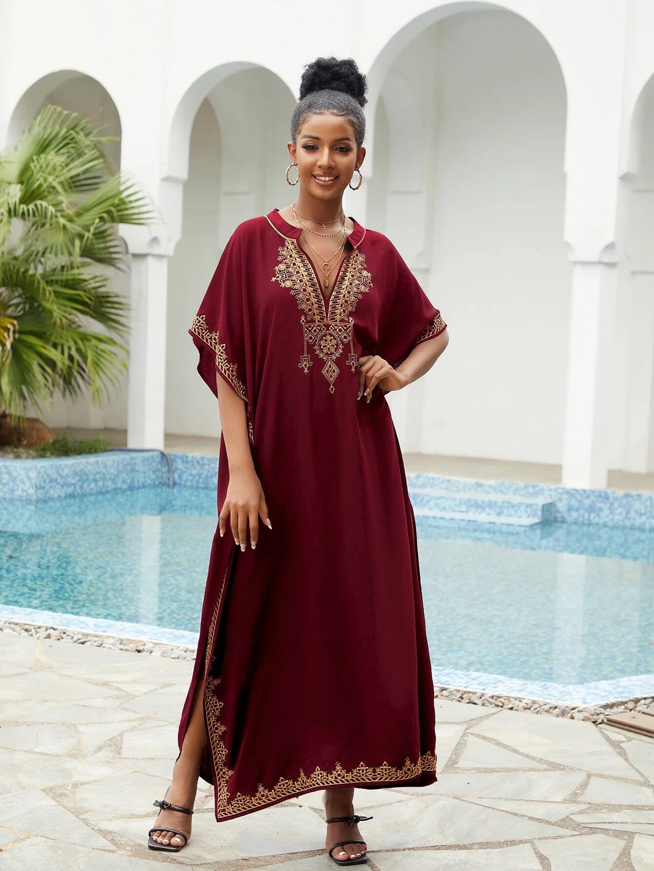 Women Plus Size Bohemian Embroidery V Neck Swimwear Cover Up Kraftan Dress Dresses jehouze Q1545-2