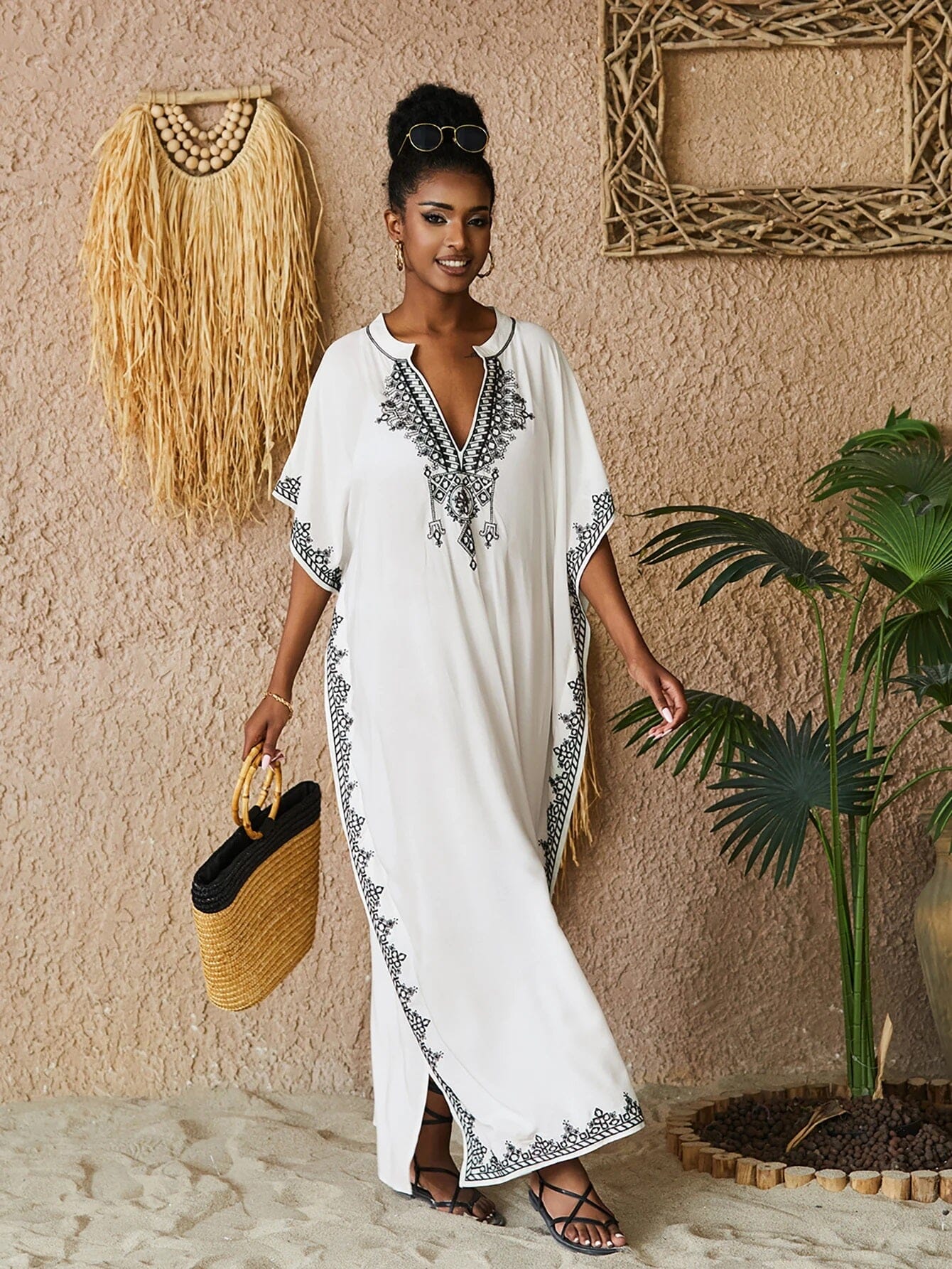 Women Plus Size Bohemian Embroidery V Neck Swimwear Cover Up Kraftan Dress Dresses jehouze Q1545-White