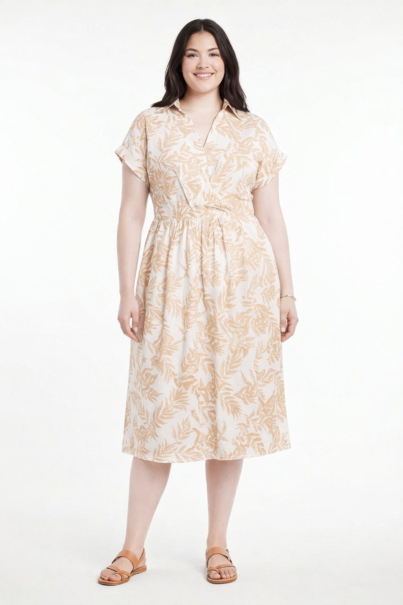 Women Plus Size Botanical Print Collared Wrap Waist Midi Dress Dresses jehouze Coffee XL