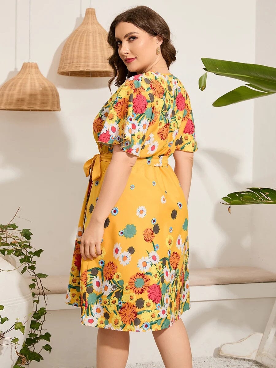 Women Plus Size Casual Short Flare Sleeve Wrap Dress with self tie waist Dresses jehouze