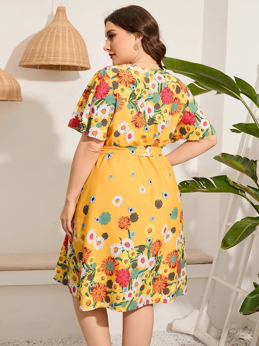 Women Plus Size Casual Short Flare Sleeve Wrap Dress with self tie waist Dresses jehouze