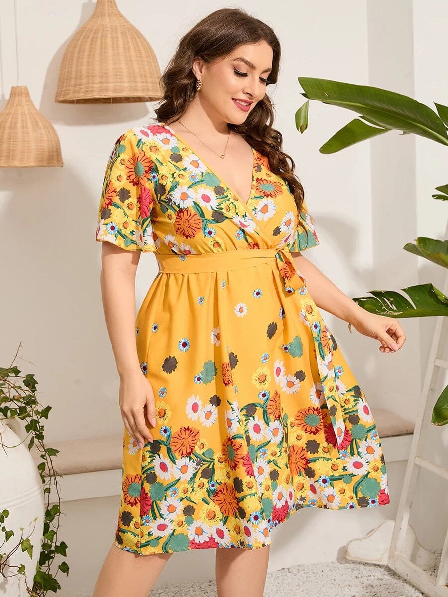 Women Plus Size Casual Short Flare Sleeve Wrap Dress with self tie waist Dresses jehouze