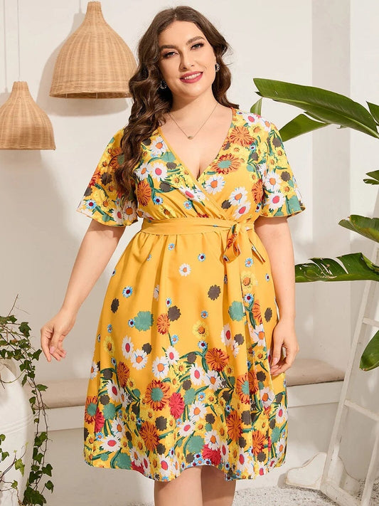 Women Plus Size Casual Short Flare Sleeve Wrap Dress with self tie waist Dresses jehouze