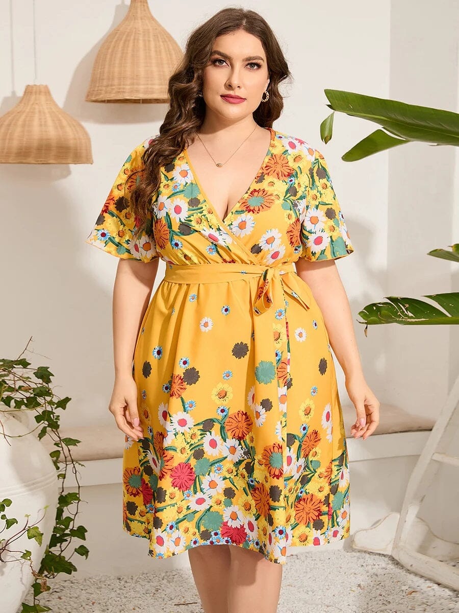 Women Plus Size Casual Short Flare Sleeve Wrap Dress with self tie waist Dresses jehouze