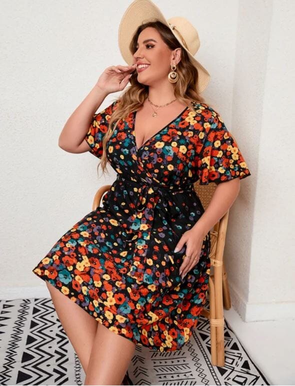 Women Plus Size Casual Short Flare Sleeve Wrap Dress with self tie waist Dresses jehouze Black XL