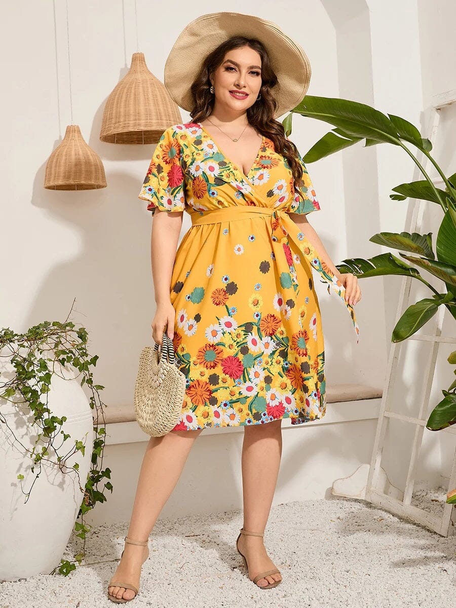 Women Plus Size Casual Short Flare Sleeve Wrap Dress with self tie waist Dresses jehouze Yellow XL