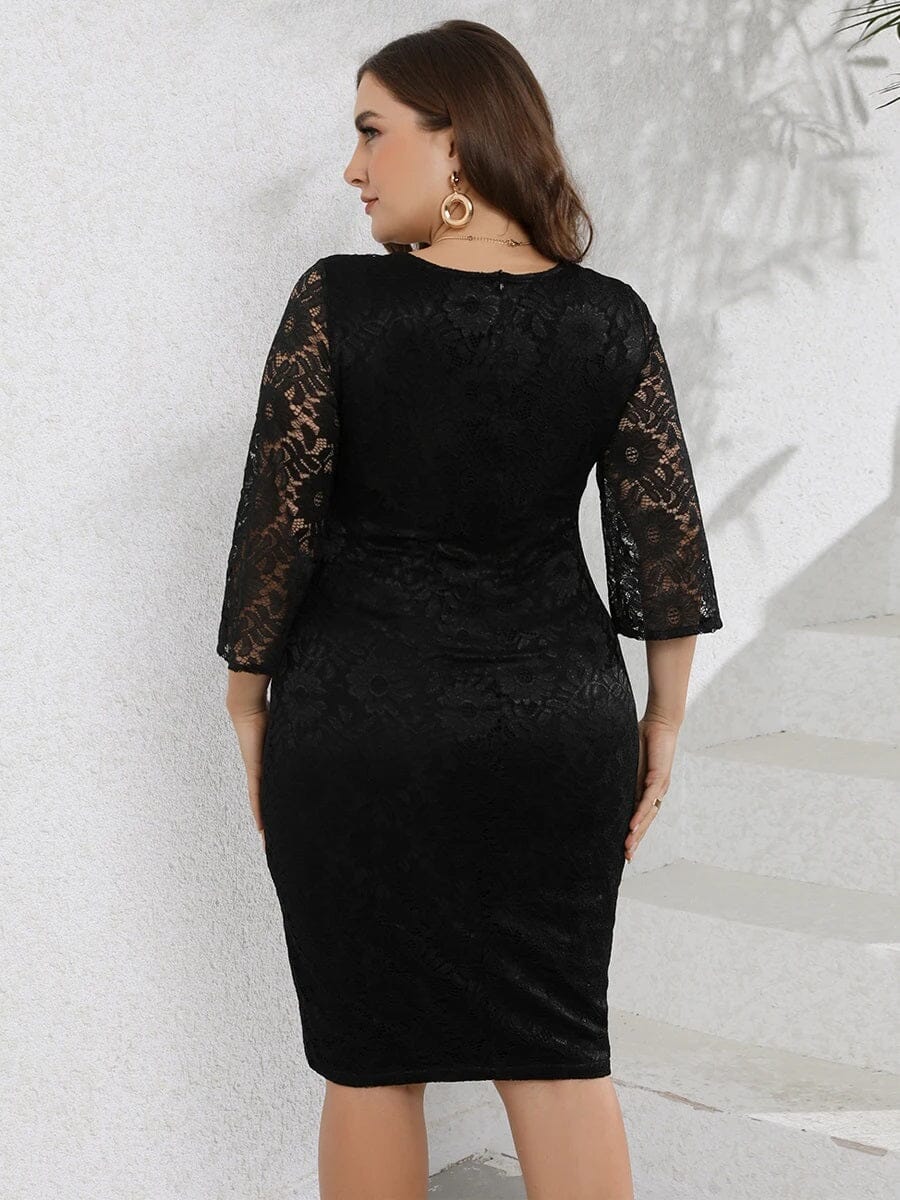 Women Plus Size Elegant Lace 3/4 Sleeve Wedding Guest Cocktail Bodycon Midi Dress Dresses jehouze